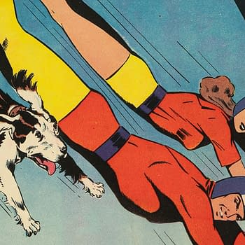 Bulletman #10 (Fawcett Publications, 1942) featuring Bulletdog. A vintage comic book cover featuring Bulletman, a superhero in a red costume with yellow accents, soaring alongside a dog, while a female character in a similar outfit flies beside him. The background is a light blue, highlighting their dynamic movement.