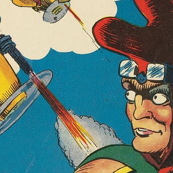 Future Comics #2 (David McKay Publications, 1940). An illustration depicting a colorful comic book scene featuring a fierce-looking character with exaggerated facial features and a colorful outfit. In the background, a smaller figure operates a futuristic vehicle that shoots lasers.