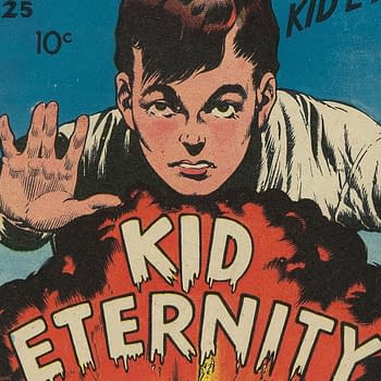 A vintage comic book cover featuring the character Kid Eternity. The character, a young boy with a serious expression, stands in front of an explosion, looking determined as he raises his hand in a gesture. The title 'KID ETERNITY' is boldly displayed in large letters, with additional text highlighting features in the comic.
