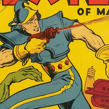 An illustration from the comic 'Rex Dexter of Mars,' depicting a muscular hero in blue attire aiming a futuristic gun at an approaching alien creature, with a vibrant yellow background and various sci-fi elements like a spaceship and buildings.