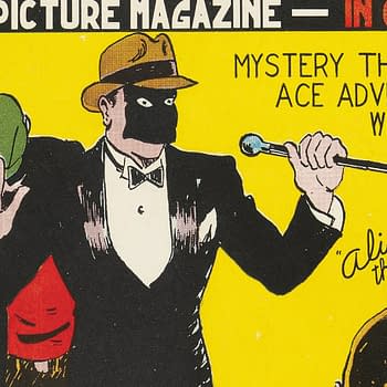 Funny Picture Stories #1 (Comics Magazine Co., 1936) featuring The Clock. A vintage magazine cover featuring a mysterious man in a tuxedo with a black mask, holding a microphone, and gesturing dramatically against a bright yellow background. The scene includes hints of other characters in shadowy outlines.
