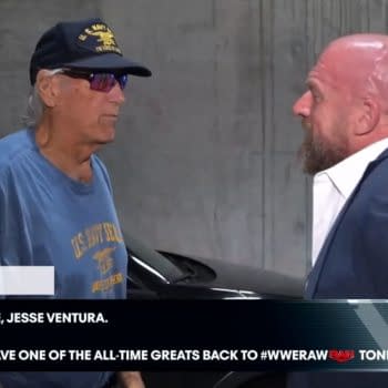 Former Minnesota Governor and WWE Hall-of-Famer Jesse Ventura appears with Triple H backstage at WWE Raw. [screencap]