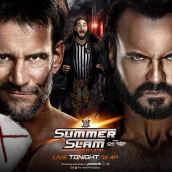 WWE SummerSlam promo graphic: CM Punk vs. Drew McIntyre (with Special Guest Referee Seth "Freakin" Rollins)