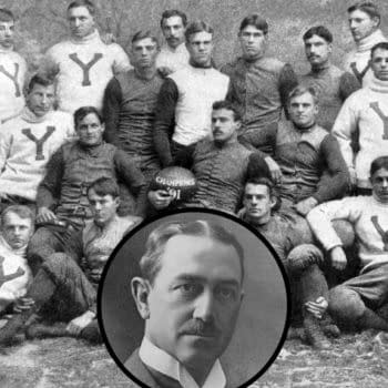 Inset: Erman J. Ridgway, 1910. Background: 1891 Yale Bulldogs football team. Unfortunately, some of these players are unidentified, but based current research, Ridgway is most likely back row center or back row, second from left.