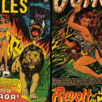 Two vintage pre-Code horror comic covers by L.B. Cole, featuring jungle women, snarling beasts, and bold painted lettering. The covers include vivid pulp-style artwork from Star Publications era horror comics.