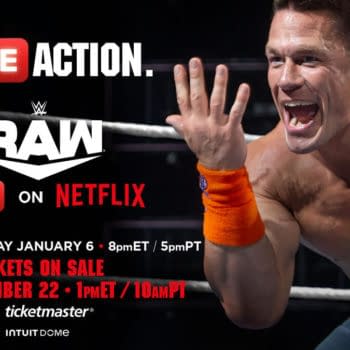 WWE graphic advertising the WWE Raw Netflix debut on top of an image of an empty ring.