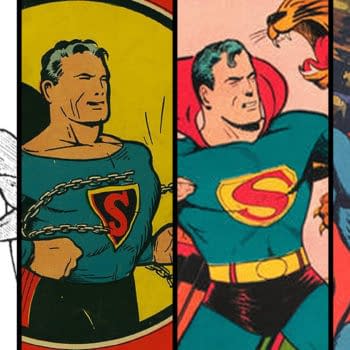 Left to right: 1934-1935 promotional image, Superman #1 back cover (1939), Action Comics #27 (1940), Action Comics #50 (1942).