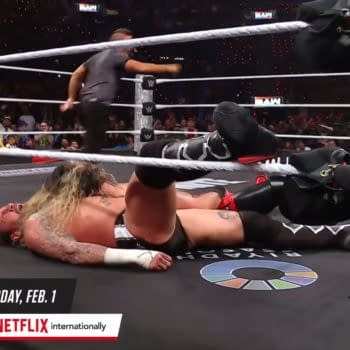 CM Punk wrestles Seth Rollins on the WWE Raw Netflix debut in a ring plastered with the logo for Saudi Arabia's Riyadh Season sports and entertainment program.