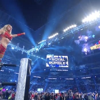 Charlotte Flair stands victorious at the 2025 WWE Royal Rumble premium live event.