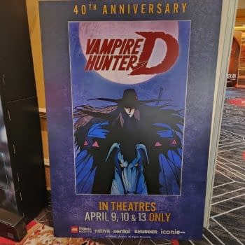 A promotional poster for the 40th anniversary of 'Vampire Hunter D' featuring an illustration of the protagonist in a dramatic pose with a moonlit background.