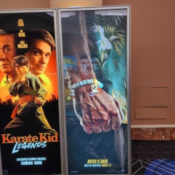 A movie poster featuring 'Karate Kid Legends' on the left, showing a young martial artist in action alongside Jackie Chan, Ben Wang, and Ralph Macchio. On the right, an advertisement for 'Nobody' displays a close-up of a hand adorned with colorful beads reading 'NOBODY', positioned against a tropical background.