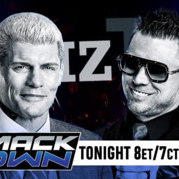 A promotional graphic for WWE SmackDown featuring Cody Rhodes and The Miz. Both wrestlers are smiling and facing the camera, with event details at the bottom.