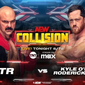 A promotional graphic for AEW Collision features two teams: FTR on the left and Kyle O'Reilly with Roderick Strong on the right. The background is futuristic, highlighting the event's excitement.