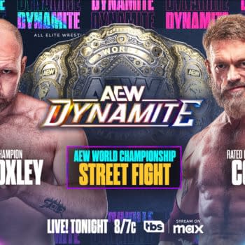 A promotional image for AEW Dynamite featuring two wrestlers, Jon Moxley and Cope, along with the AEW World Championship belt in the center. The background displays vibrant colors and dynamic text highlighting a Street Fight.