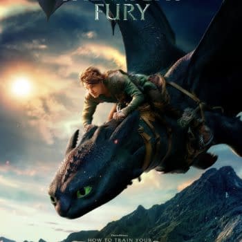A vibrant character poster for 'How To Train Your Dragon,' featuring a young rider on the back of a Night Fury dragon, soaring over a mountainous landscape. The artwork highlights the dragon's striking green eyes and details of its scales against a dramatic sky.