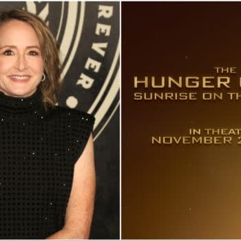 A woman with curly hair is smiling while wearing a black sleeveless top adorned with sequins, set against a backdrop featuring a stylized figure. To the right, promotional text for 'The Hunger Games: Sunrise on the Reaping' announces its theatrical release on November 20, 2026.