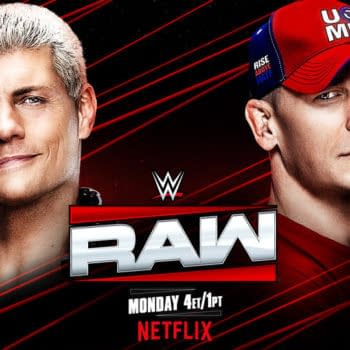 A promotional graphic for WWE Raw featuring wrestlers Cody Rhodes and John Cena. The image showcases their faces against a bold red background with the WWE Raw logo prominently displayed.