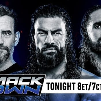 Prominent WWE wrestlers CM Punk, Roman Reigns, and Seth Rollins are featured together, with a bold 'SMACKDOWN' logo beneath them. The image announces a broadcast time of 8 ET/7 CT on USA Network.