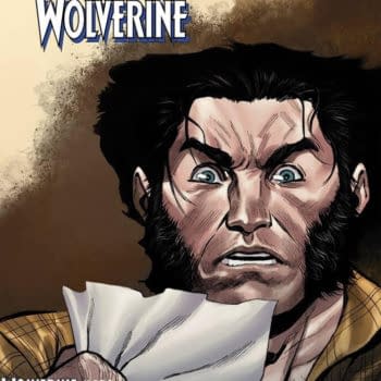 A close-up comic image of a shocked Wolverine holding a paper, with promotional text about a reveal in Wolverine #400.