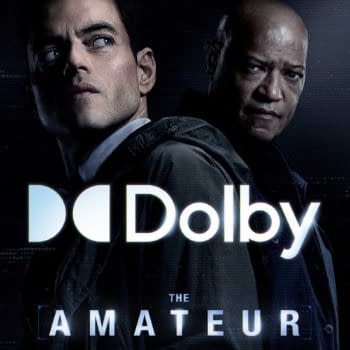 A promotional poster for 'The Amateur' featuring actors Rami Malek and Laurence Fishburne. The design includes the Dolby logo and emphasizes the film's release date, April 11.