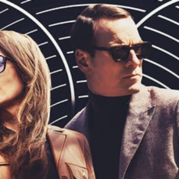 A woman with long brown hair wearing sunglasses and a leather jacket is on the phone, standing next to a man in a grey suit and sunglasses, both against a swirling black and white background. The post discusses "Black Bag," a slick and stylish thriller from director Steven Soderbergh.