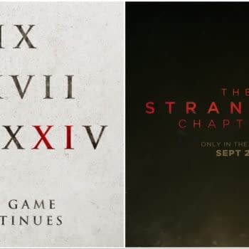 A promotional graphic featuring two movie titles: on the left, 'SAW XI' with Roman numerals and the phrase 'THE GAME CONTINUES,' and on the right, 'THE STRANGERS: CHAPTER 2' with a release date of September 26, both designed for a horror film context.