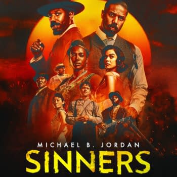 A movie poster for 'Sinners' featuring a diverse group of characters against a fiery orange background with a prominent sun. The title 'Sinners' is displayed in large, bold letters, and the tagline 'We Are All Sinners' is included, along with credits to director Ryan Coogler and a note that it is shown in cinemas.