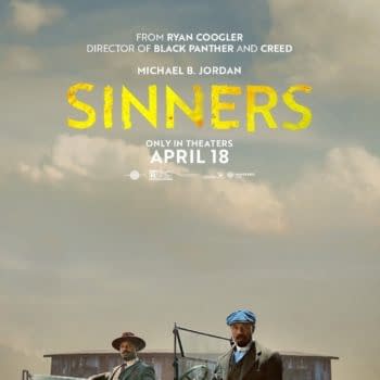 A promotional poster for the film 'Sinners,' featuring two men in vintage suits, standing by an old car against a cloudy sky. The text includes information about the film being directed by Ryan Coogler and featuring Michael B. Jordan, with a release date of April 18.