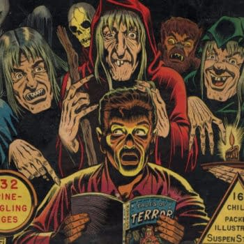 An illustration from 'Tales of Terror Annual #1' featuring a terrified man reading a comic book. Surrounding him are several eerie, grotesque figures, including a skeleton and various ghouls, enhancing the horror theme.
