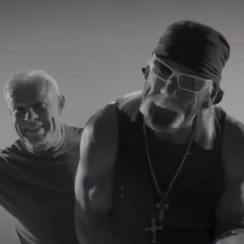 In a black and white teaser video, two elderly men, Eric Bischoff and Hulk Hogan, smile and engage with the camera, reflecting on their past in wrestling.