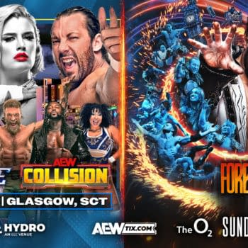 Graphic featuring wrestlers and promotional content for AEW events in Glasgow and London. It highlights AEW Dynamite and Collision, along with the Forbidden Door event details.
