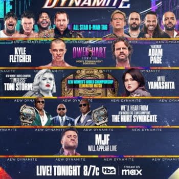 A promotional graphic for AEW Dynamite featuring various wrestlers, including MJF and Kyle Fletcher, with details about matches and event information.