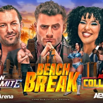A promotional graphic featuring wrestlers for AEW Dynamite and AEW Collision Beach Break, with vibrant colors and a beach background. The graphic includes the location, date, and event title prominently featured.