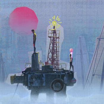 A vibrant illustration featuring two figures standing on a platform above a misty landscape, with a stylized sun and a large red circle in the background. The scene combines elements of urban architecture and sailing boats, conveying a sense of exploration and adventure.