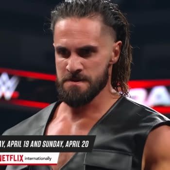 Seth Rollins stands confidently in the ring with an intense expression after defeating opponents Roman Reigns and CM Punk during WWE Raw before WrestleMania. The WWE logo and a promotional banner for WrestleMania are visible at the bottom of the image.