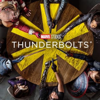 The Thunderbolts key art features a bird's-eye view of a round table with six characters poised with weapons around a bright yellow star design, highlighting the text 'THUNDERBOLTS*' and the Marvel Studios logo, indicating its theatrical release on May 2.