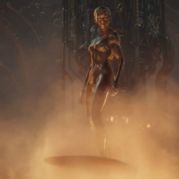 A digital artwork depicting Julia Garner as Shalla-Bal, also known as the Silver Surfer, set in a dramatic environment with swirling mist and mechanical backgrounds. The image is part of 20th Century Studios' 'The Fantastic Four: First Steps'.
