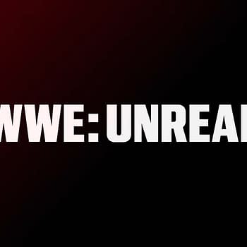 A logo for the documentary series 'WWE: Unreal' featuring bold white text on a gradient background of red and black.