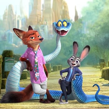 The animated scene from 'Zootopia 2' features characters Nick Wilde, a fox dressed in a pink floral shirt, and Judy Hopps, a rabbit in a blue suit, alongside a colorful, cartoonish snake named Gary De’Snake. They are positioned on a wooden dock, with a vibrant cityscape in the background, hinting at an adventurous mystery.