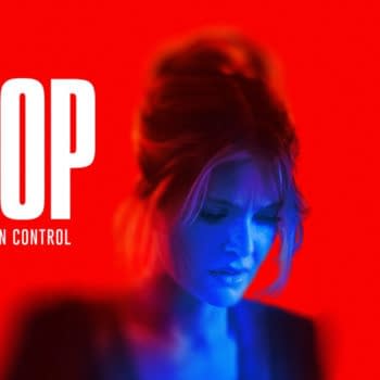 A dramatic illustration features the word 'DROP' prominently in white, against a striking red background. Below, the phrase 'YOU ARE NOT IN CONTROL' is displayed, while a concerned-looking woman is bathed in blue light, enhancing the emotional intensity of the image.