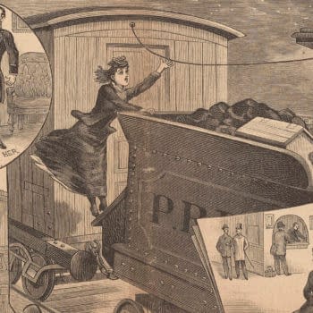 An illustration depicting a dramatic scene where a woman yanks a rope, catching the attention of a surprised man in formal attire. The image includes a background with a train and various people observing the action in astonishment.