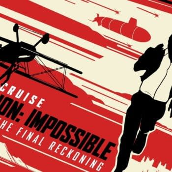 A graphic poster for 'Mission: Impossible – The Final Reckoning' featuring a silhouette of a man running with a plane and submarine in the background, highlighted by bold red and cream colors. Tom Cruise's name is prominently displayed at the top.