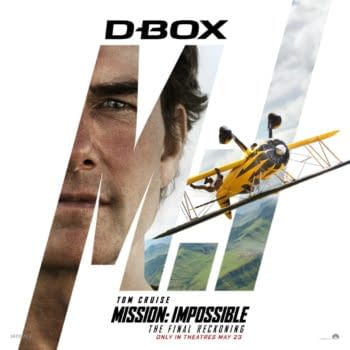 A promotional poster for 'Mission: Impossible – The Final Reckoning' featuring Tom Cruise's face on the left and a yellow biplane with a pilot soaring above green hills on the right. The title and release date are prominently displayed.