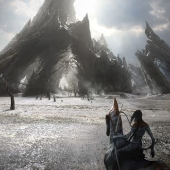 Concept art from 'Avatar: Fire and Ash' depicting a desolate landscape with sharp, dramatic mountains and sparse, twisted trees. The scene features a character riding a creature, amidst a surreal, otherworldly atmosphere.