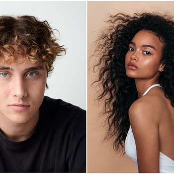 A side-by-side portrait featuring a young man with curly hair and blue eyes dressed in black on the left, and a young woman with voluminous curly hair and smooth skin wearing a white top on the right, both set against neutral backgrounds.