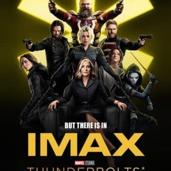 Promotional illustration for the film "Thunderbolts,*" featuring a group of diverse characters in action poses, showcasing their distinct costumes and weapons against a striking yellow and black background. The text highlights "IMAX" and emphasizes teamwork.