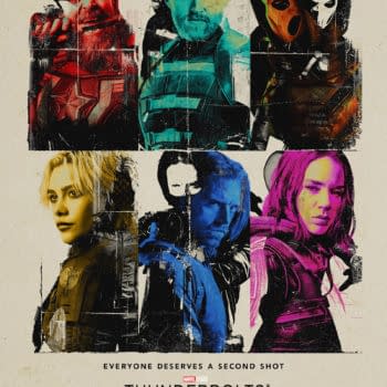 An illustration featuring the main characters from the Marvel film 'Thunderbolts', depicted in a colorful, stylized collage. Each character's face is shown with a unique color overlay, emphasizing the tagline 'Everyone deserves a second shot'.