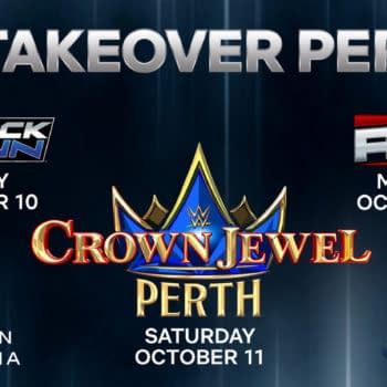 A promotional graphic for WWE events in Perth, featuring the event names 'SmackDown,' 'Crown Jewel,' and 'RAW' with corresponding dates. The design includes a blue and gold crown emblem and mentions 'RAC Arena' and 'Western Australia.'
