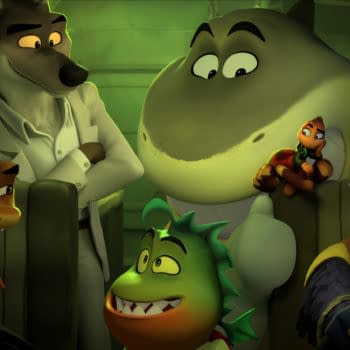 A cartoon scene from 'The Bad Guys 2,' featuring a group of animated animal characters, including a wolf in a lab coat, a snake wearing a hat, a smiling green creature, and a gorilla with glasses, all gathered in a dimly lit setting that suggests an adventure.