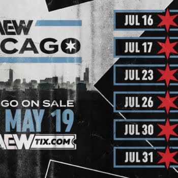 Promotional graphic for AEW's Chicago residency, featuring the Chicago skyline in the background and dates for events like AEW Dynamite and Collision.